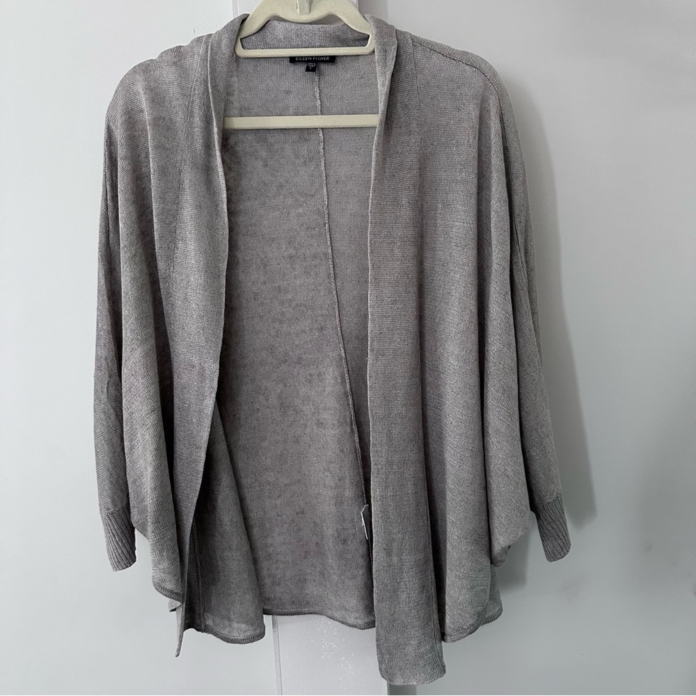 EILEEN FISHER 100% LINEN  KNITCARDIGAN W/ ROLL COLLAR & RAGLAN SLEEVES, SZ LARGE